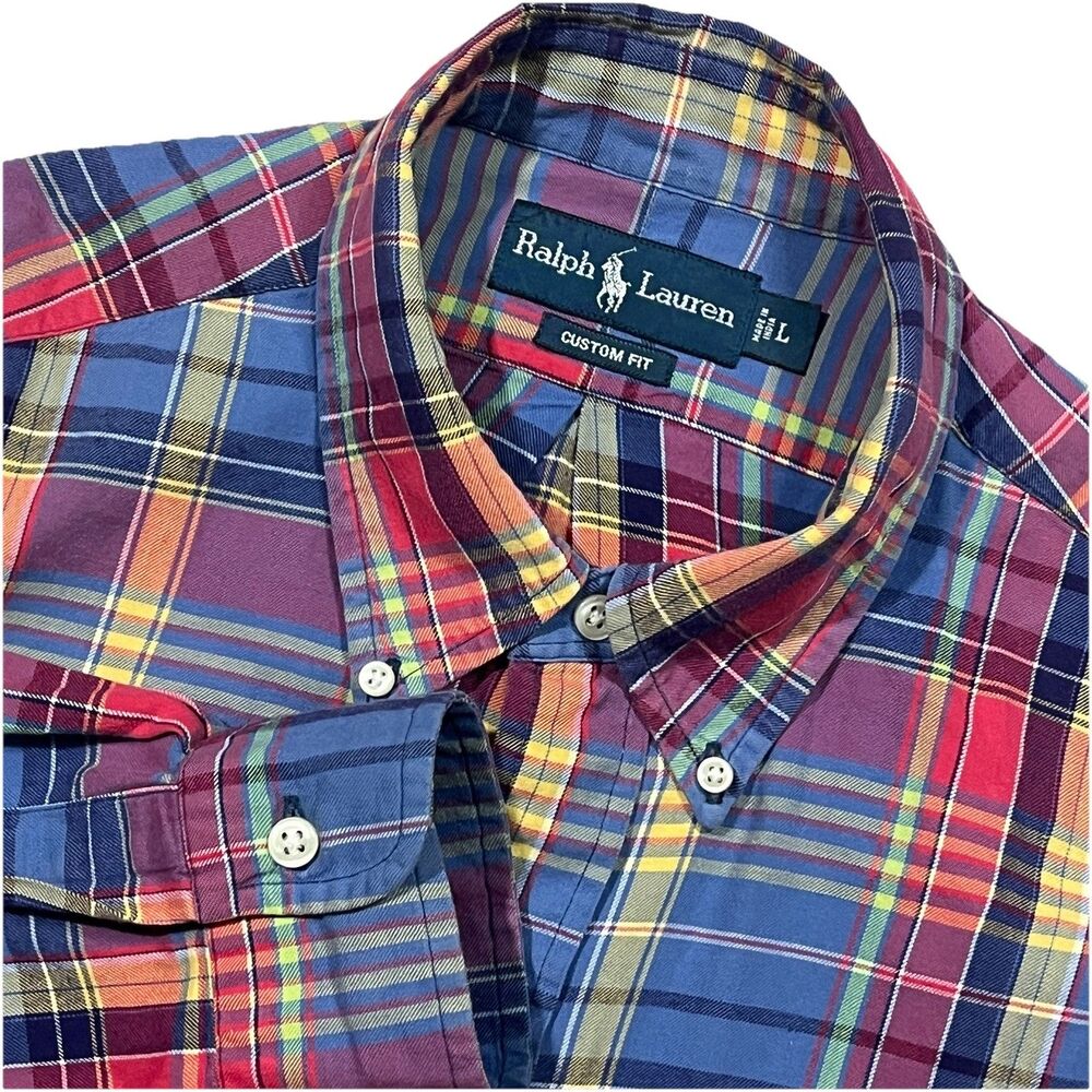 Ralph Lauren Men's Large Blue Red Yellow Plaid L/S Custom Fit Button Down Shirt
